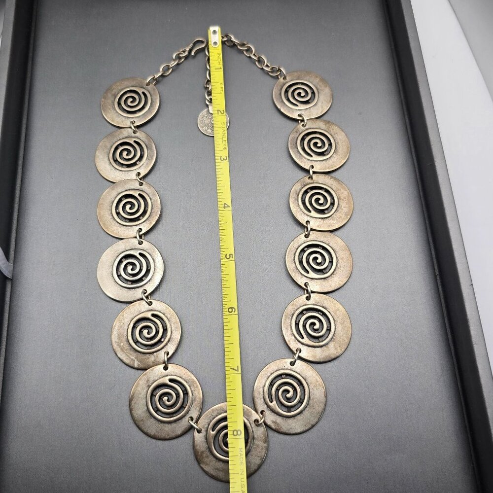 VTG Swirl Disc Medallion Statement Necklace 16" Antique Silver-Plate Adjustable - Picture 13 of 13
